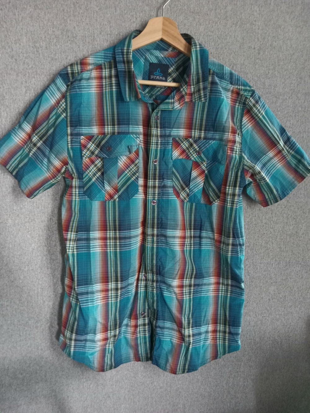 prAna Men’s Teal Plaid Short-Sleeve Button-Up Shirt